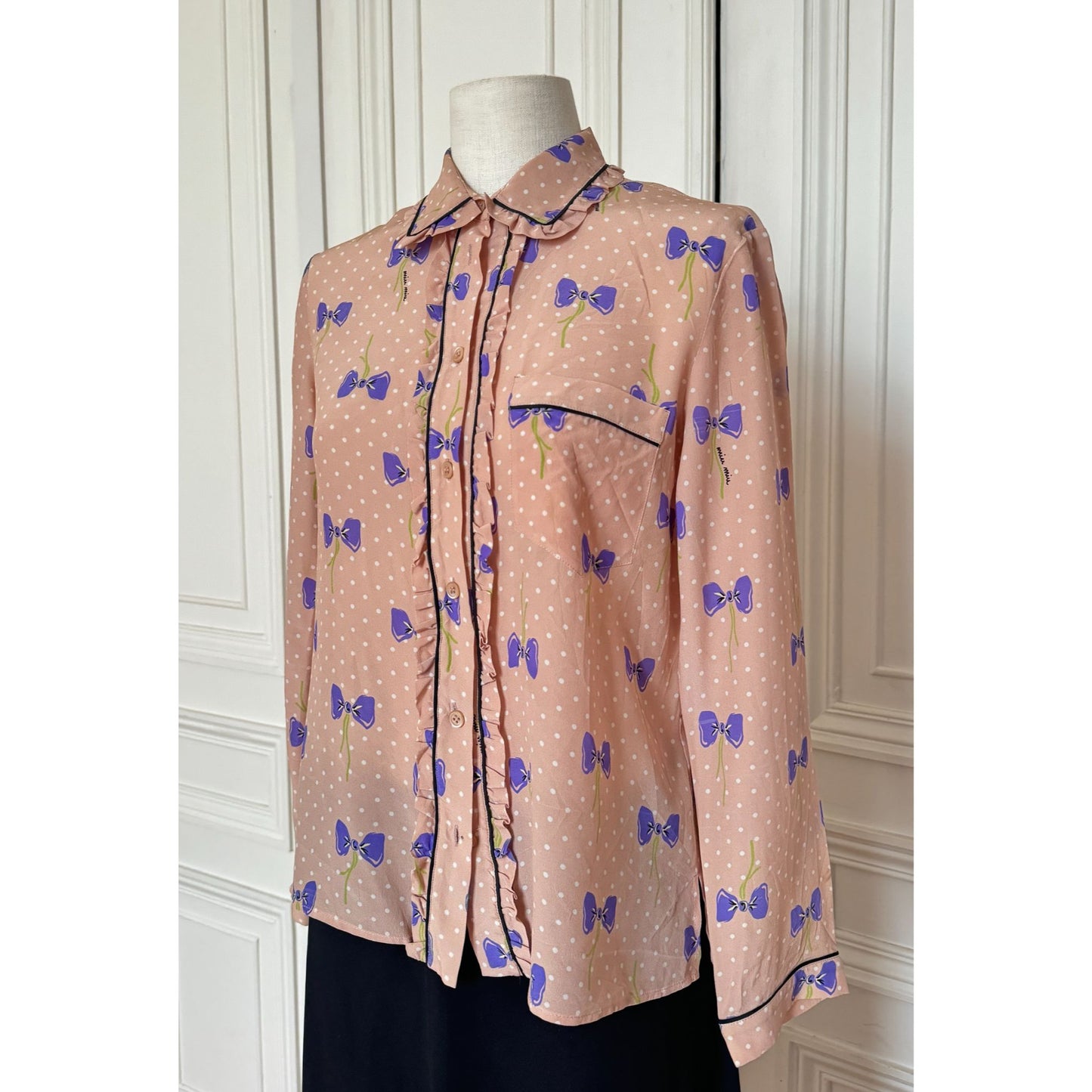 Light Pink Silk Bow Print Shirt 