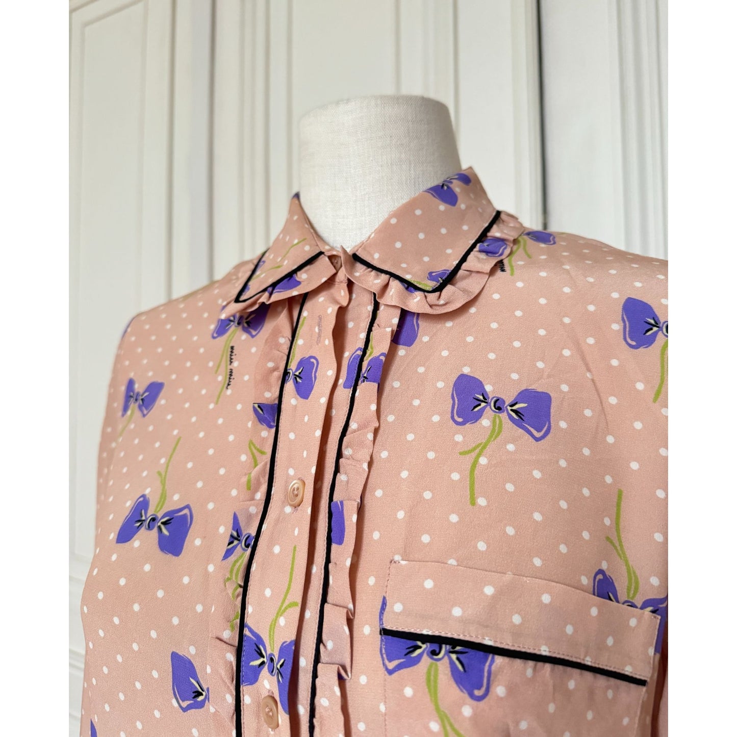 Light Pink Silk Bow Print Shirt 