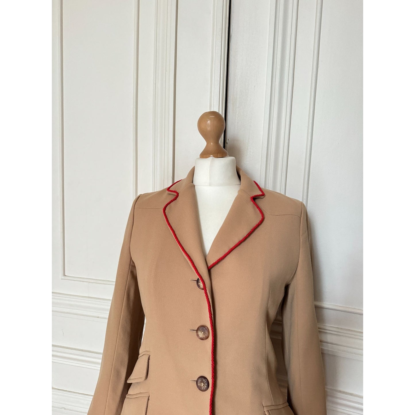 Vintage Beige Wool Blazer with Red Liseret Detailing 