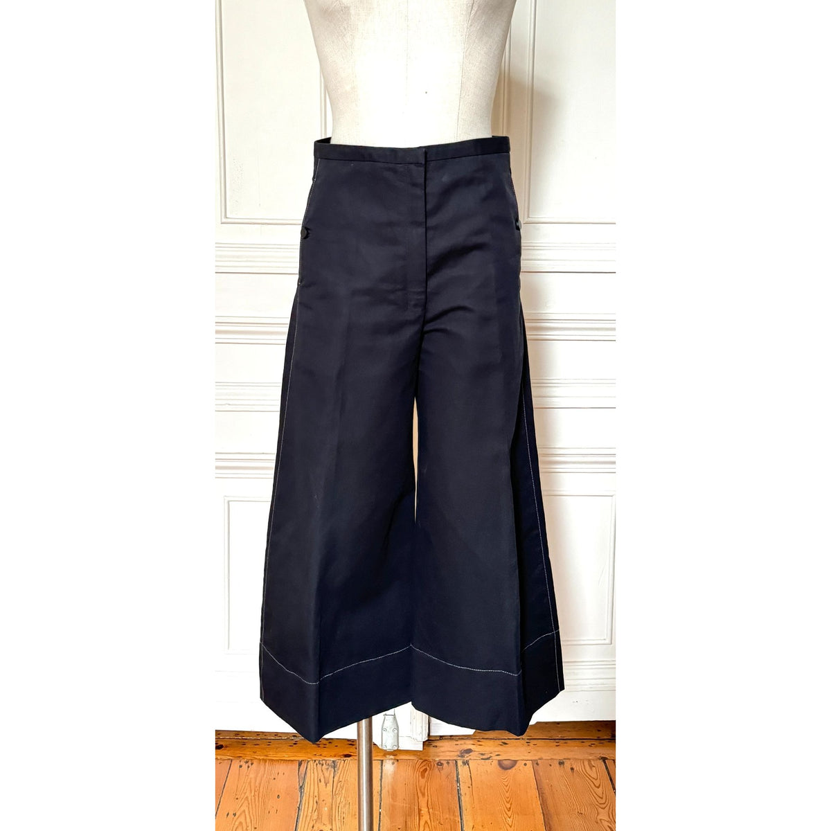 Navy Cotton-Linen Wide-Leg Trousers