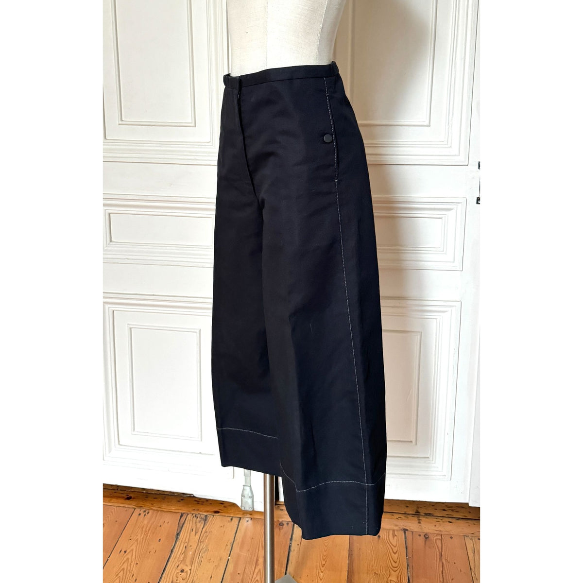 Navy Cotton-Linen Wide-Leg Trousers