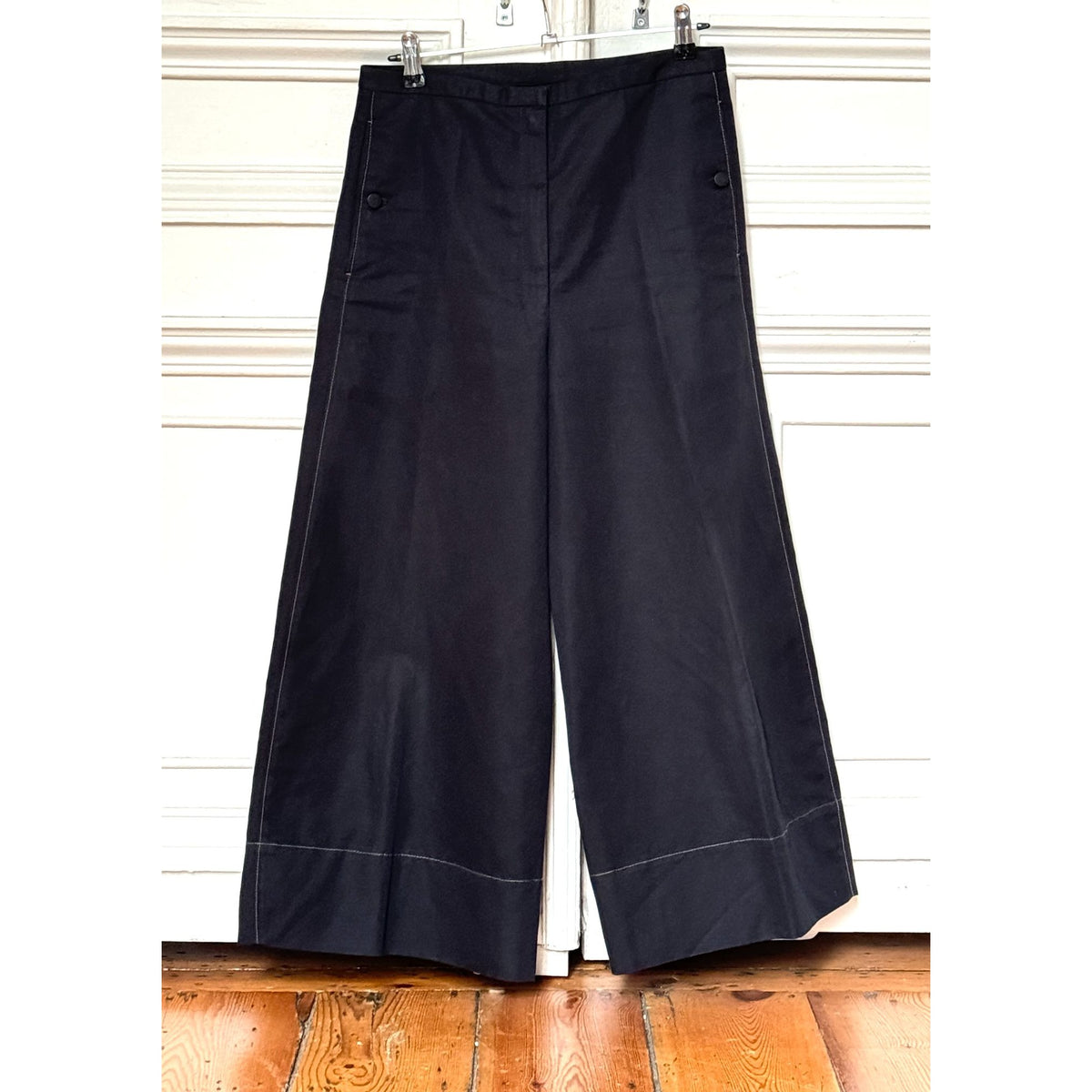 Navy Cotton-Linen Wide-Leg Trousers