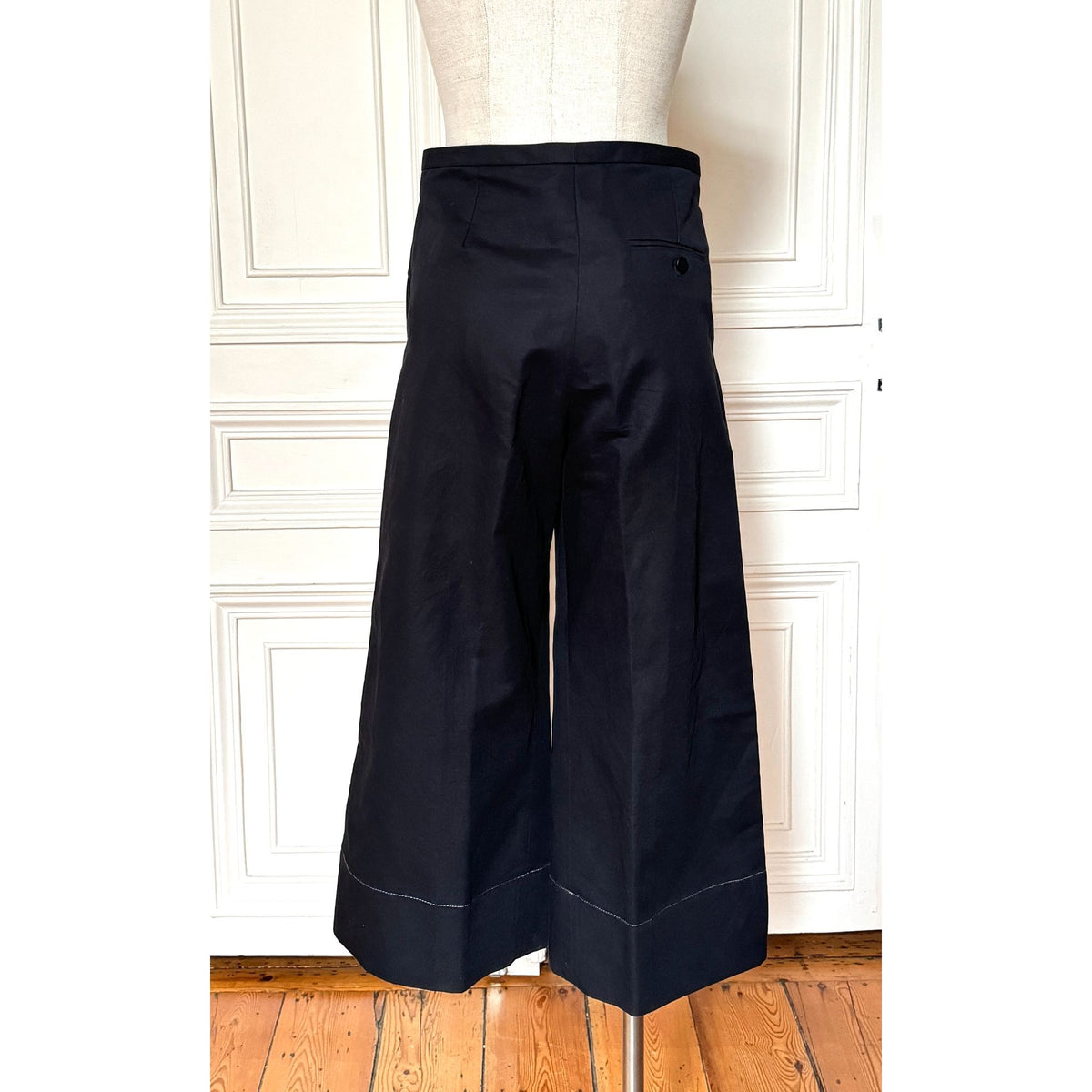 Navy Cotton-Linen Wide-Leg Trousers