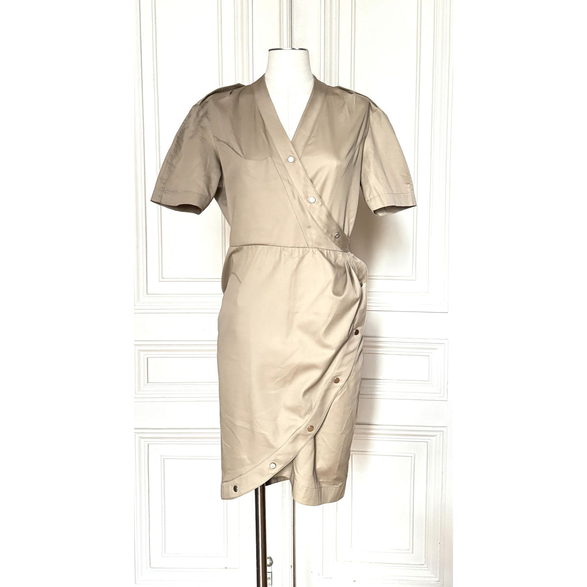 1990s Beige Cotton Utility Wrap Dress