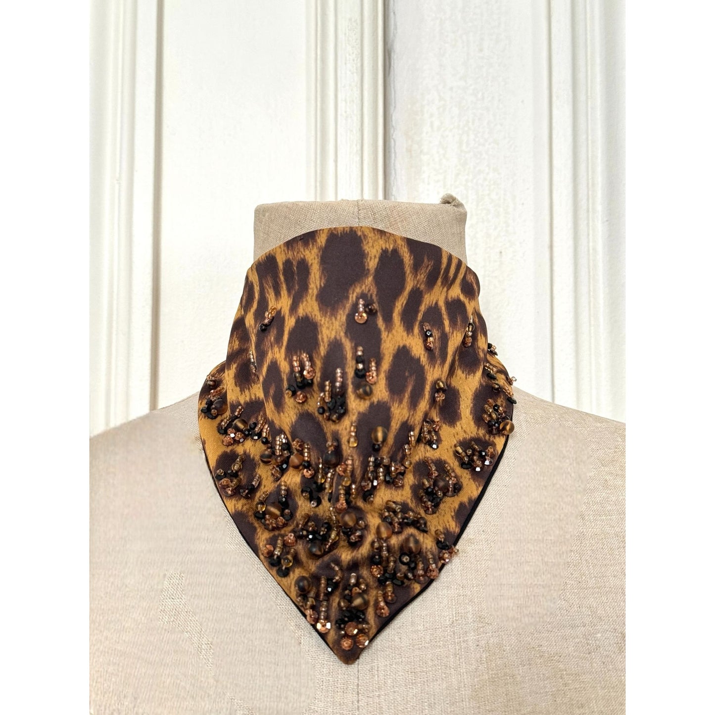 Silk Leopard Necklace Scarf with Hand Embroidery and Beading