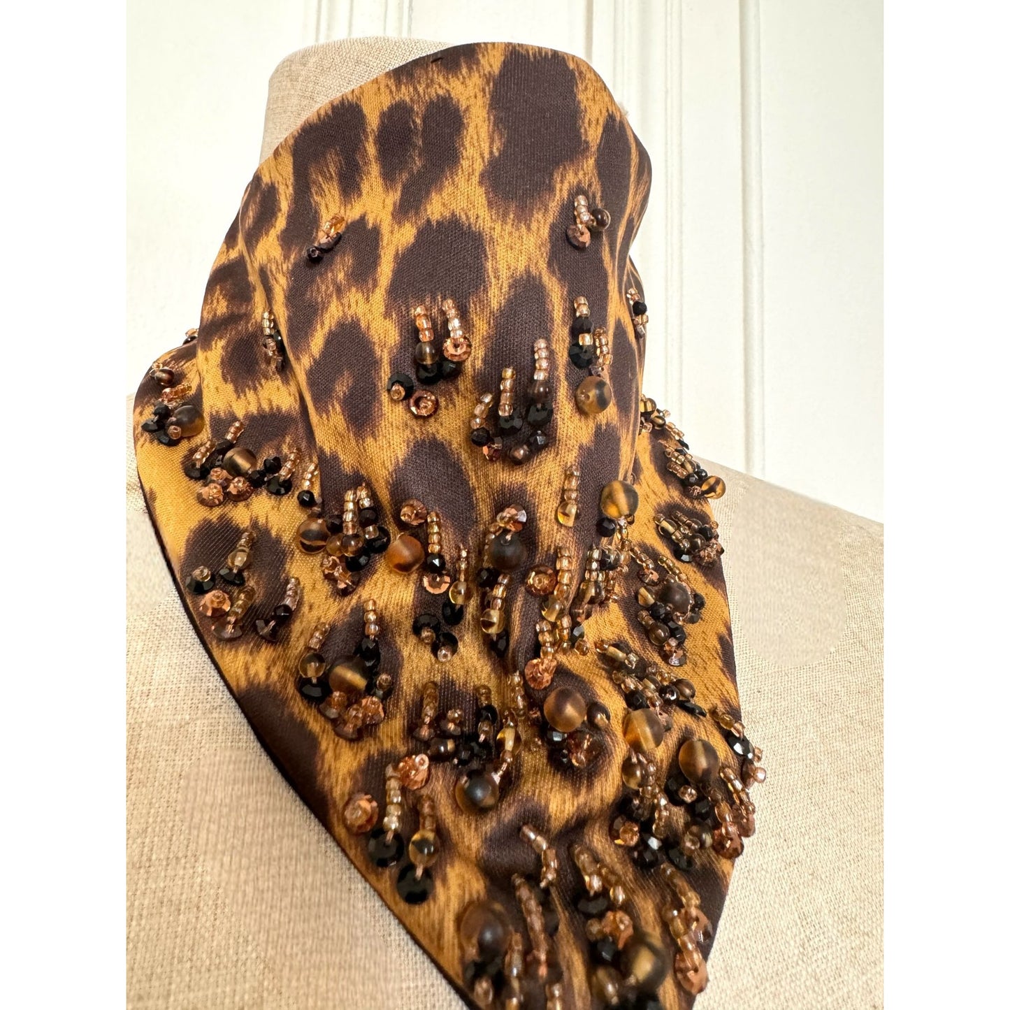Silk Leopard Necklace Scarf with Hand Embroidery and Beading
