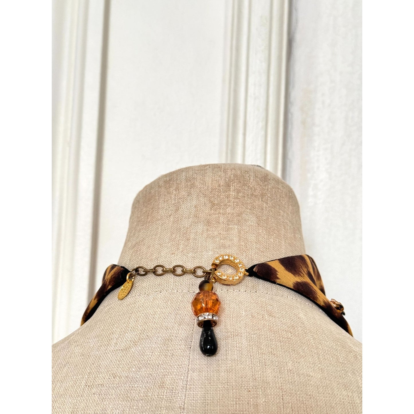 Silk Leopard Necklace Scarf with Hand Embroidery and Beading
