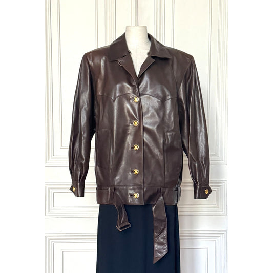 Brown Lambskin Leather Belted Jacket 