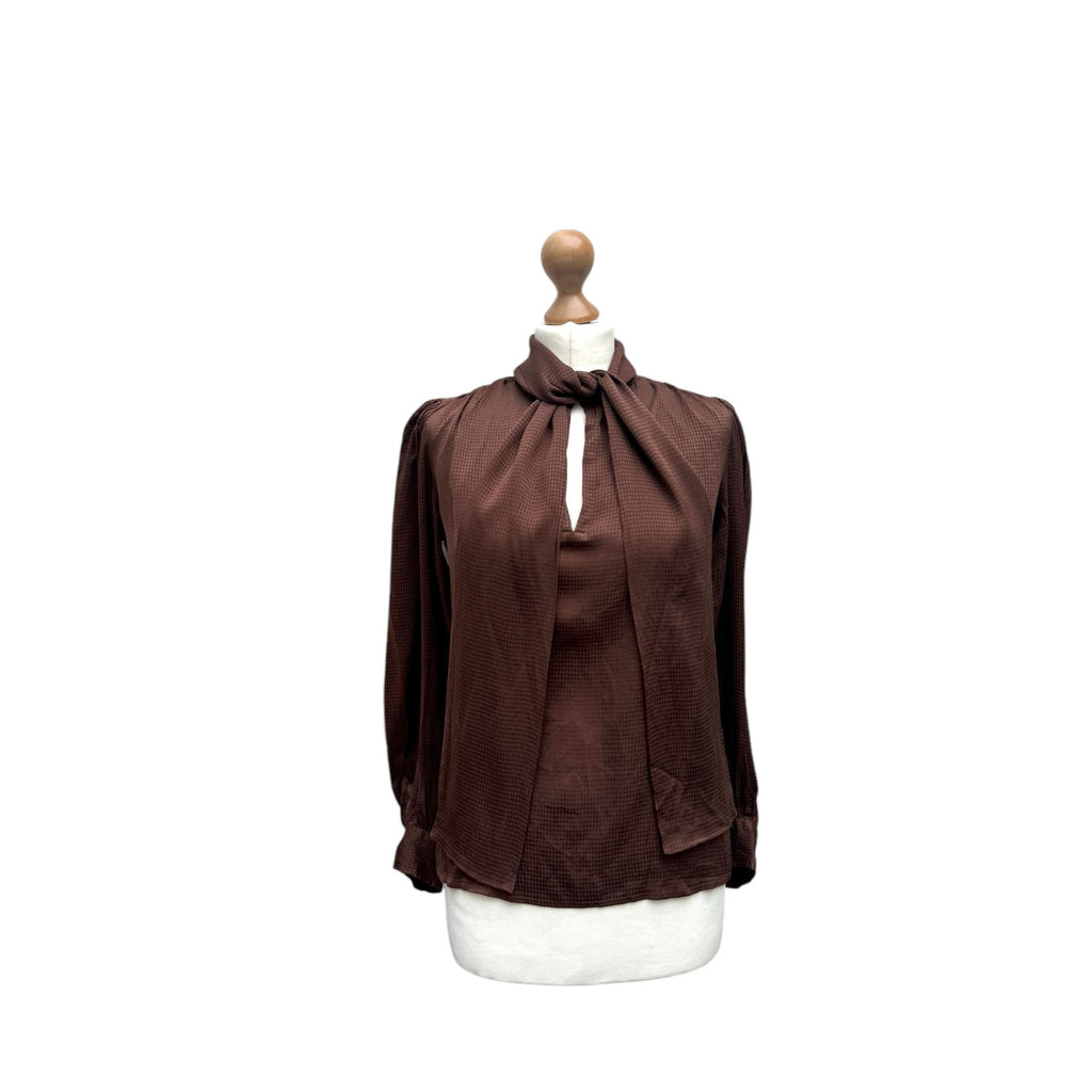 1970s Vintage Brown Silk Built-in scarf Blouse