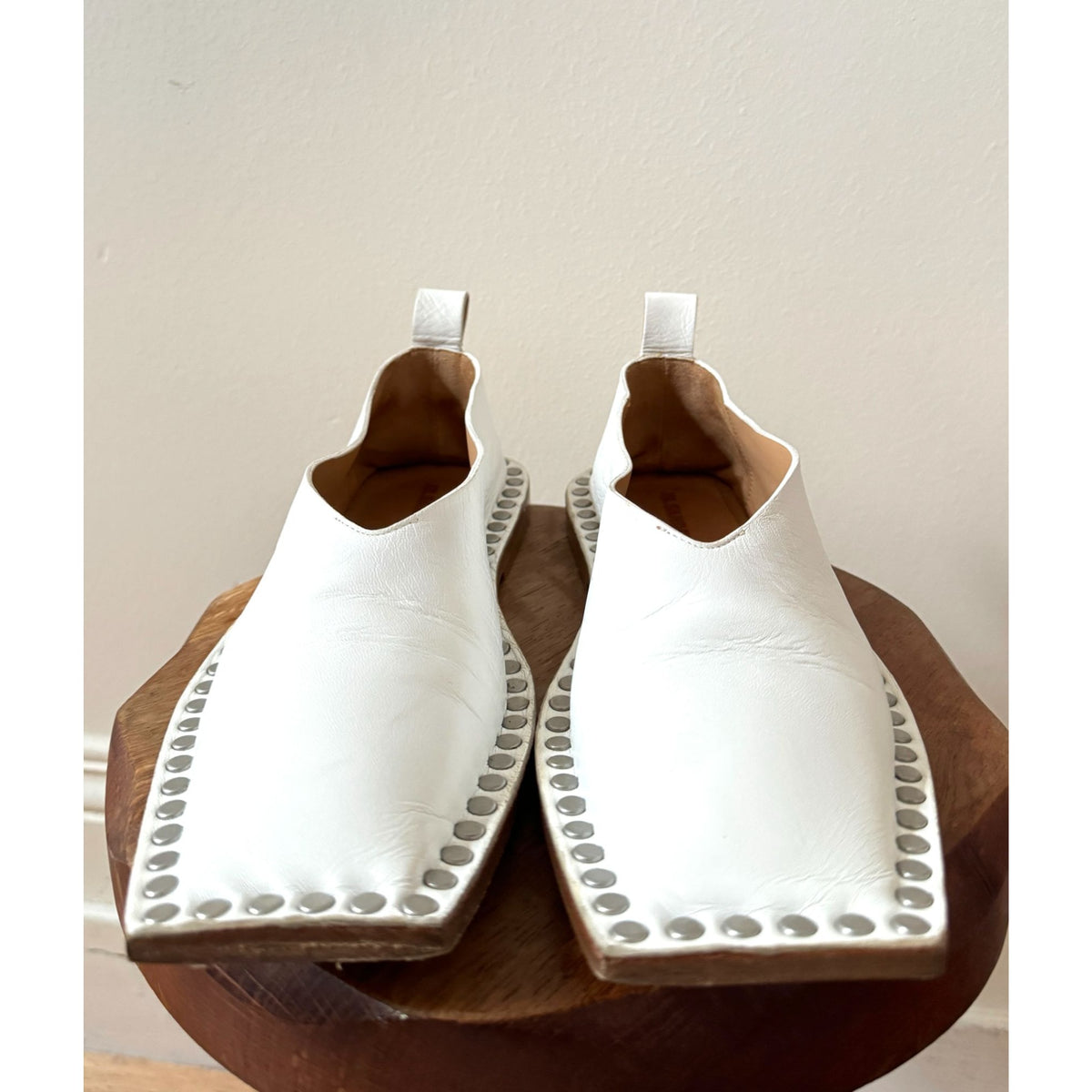 White Leather Studded Square-Toe Slip-On Shoes