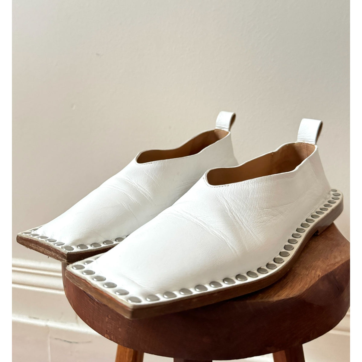 White Leather Studded Square-Toe Slip-On Shoes