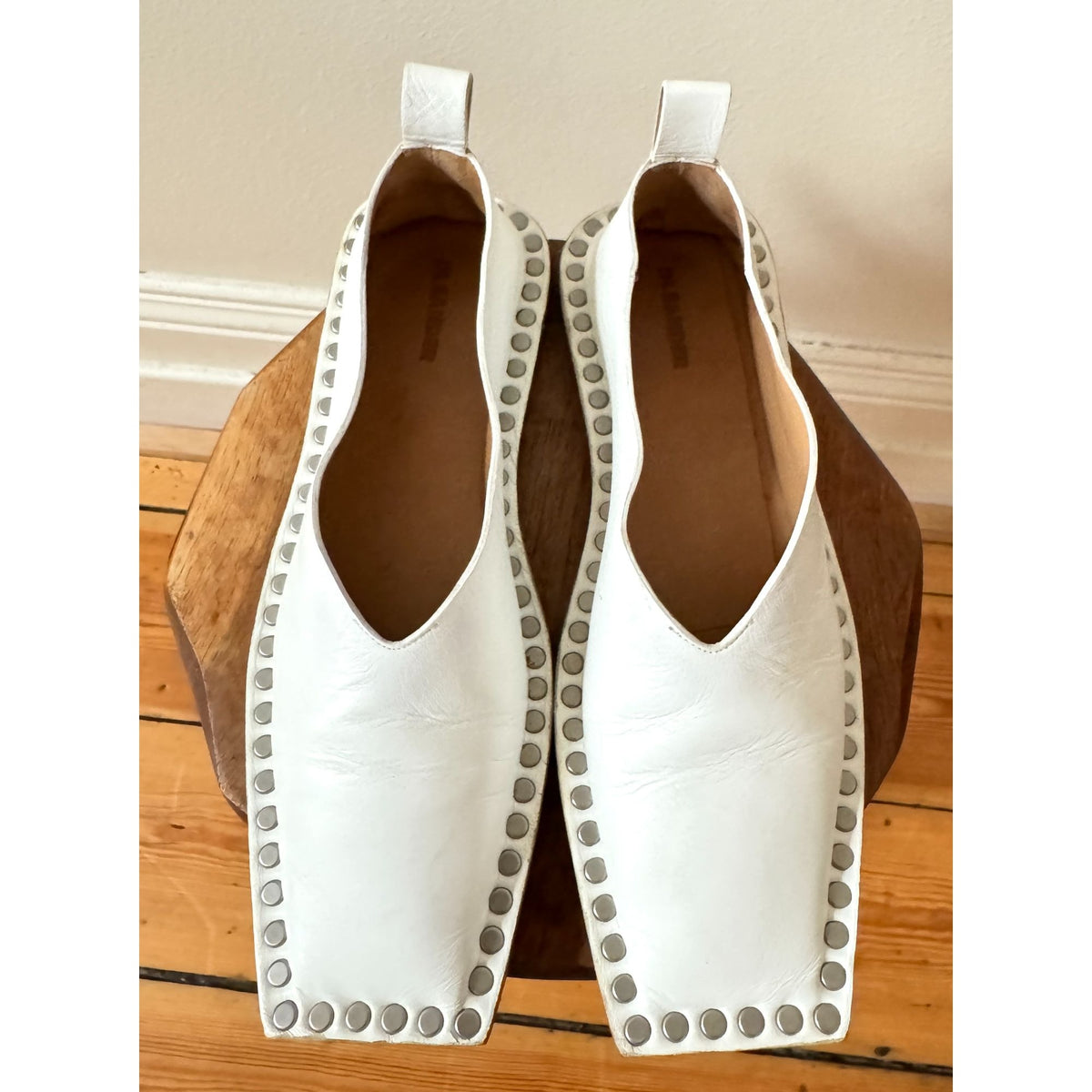 White Leather Studded Square-Toe Slip-On Shoes