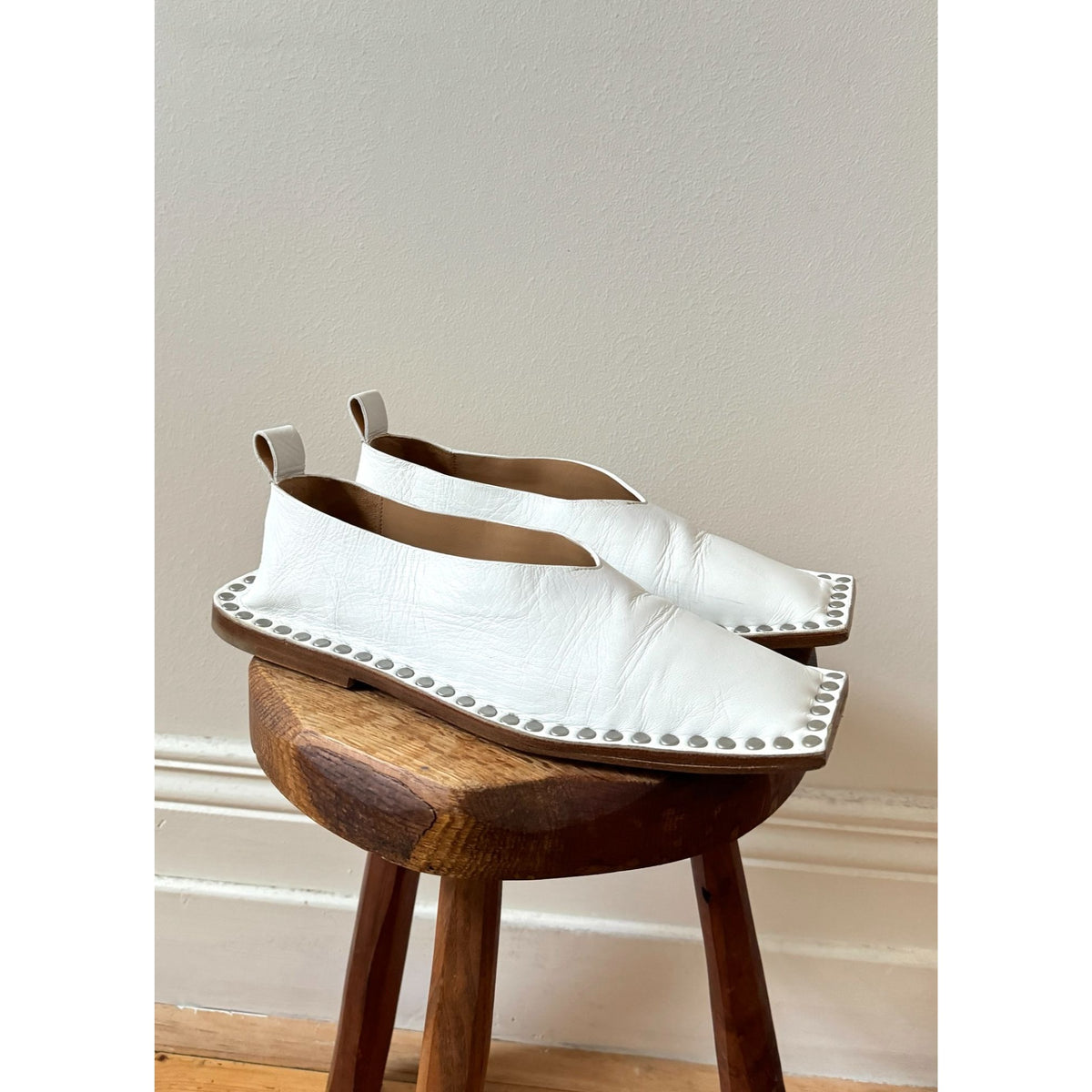 White Leather Studded Square-Toe Slip-On Shoes