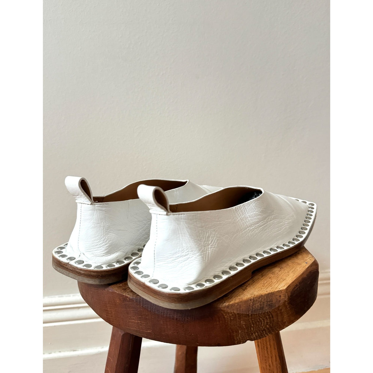 White Leather Studded Square-Toe Slip-On Shoes