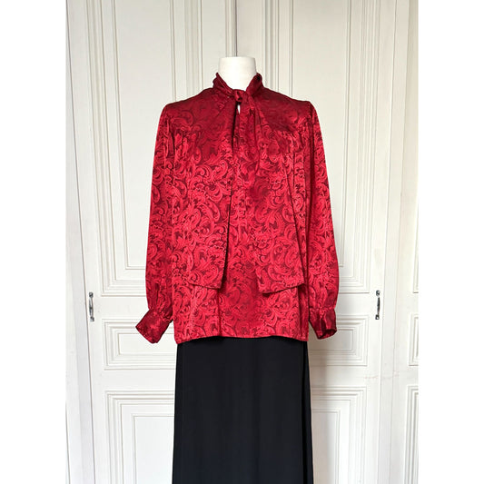 Red Silk Shirt with Built-In Scarf