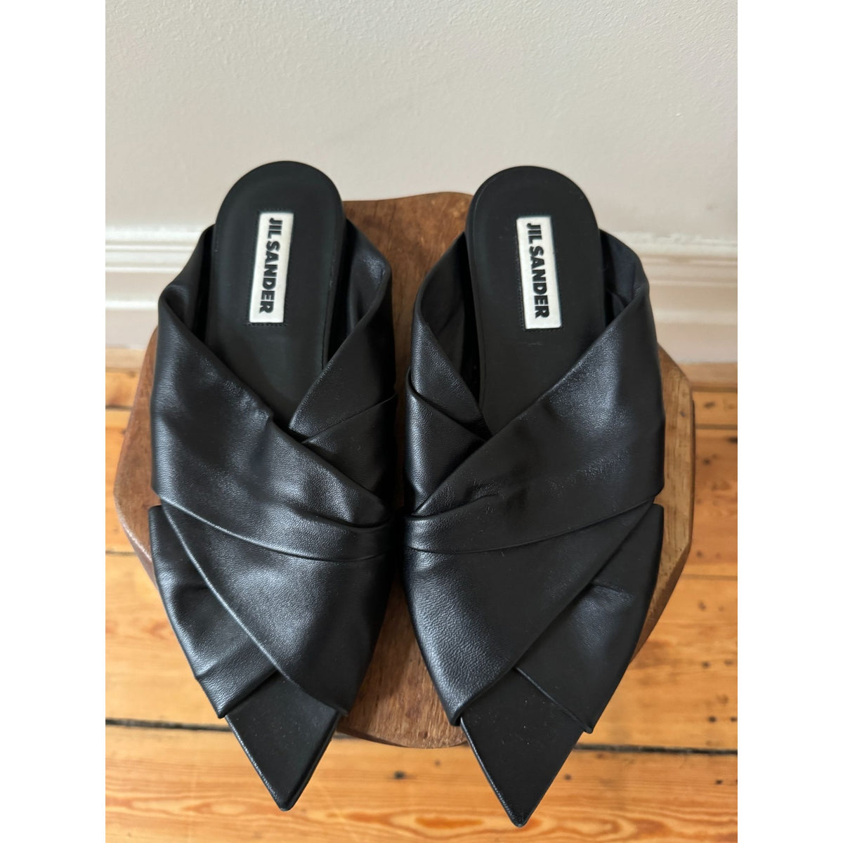Black Leather Pointed-Toe Mule Sandals