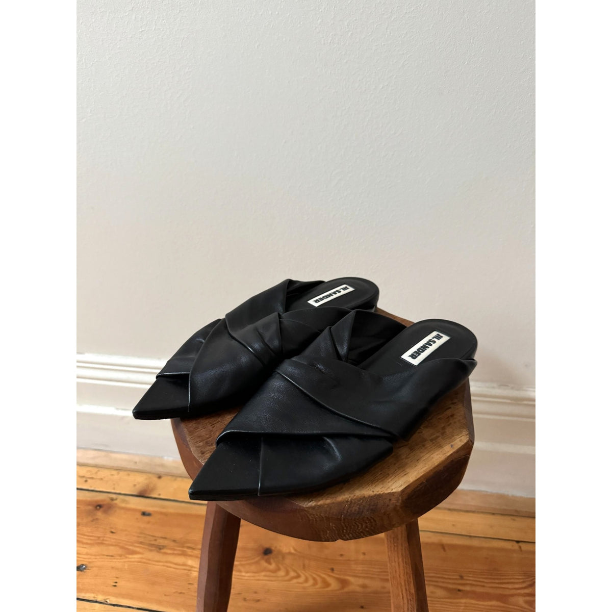 Black Leather Pointed-Toe Mule Sandals