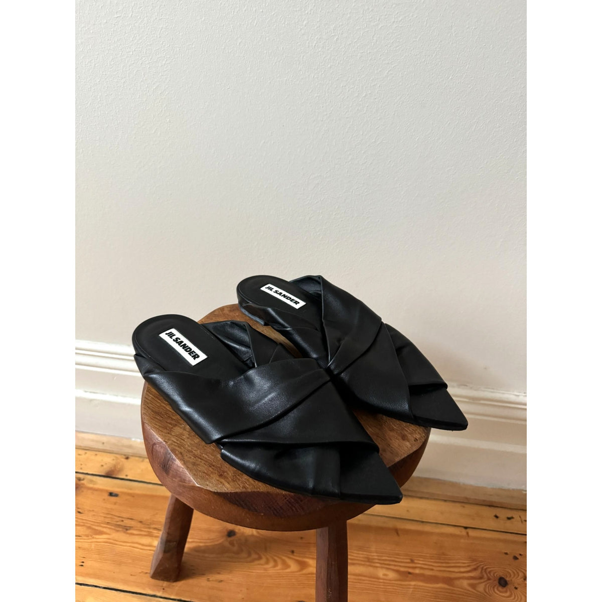 Black Leather Pointed-Toe Mule Sandals