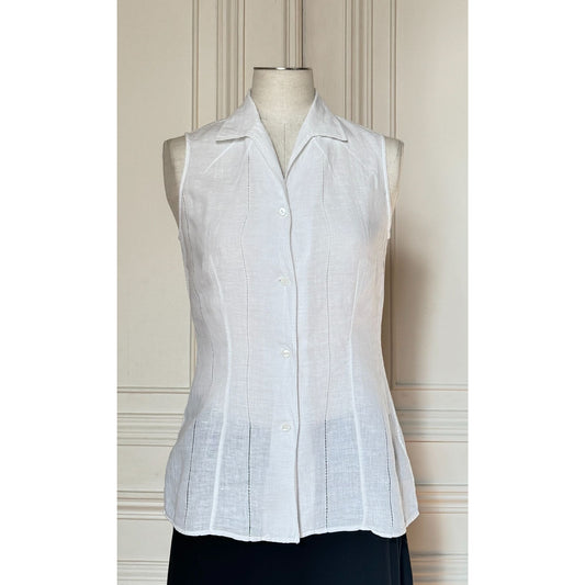 1980s White Linen Blend Sleeveless Blouse
