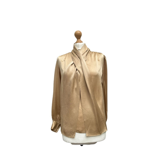 Vintage Champagne Silk Blouse with Built‑In Scarf