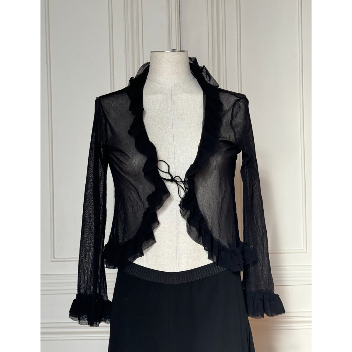 Vintage Black Sheer Mesh Ruffle Cardigan