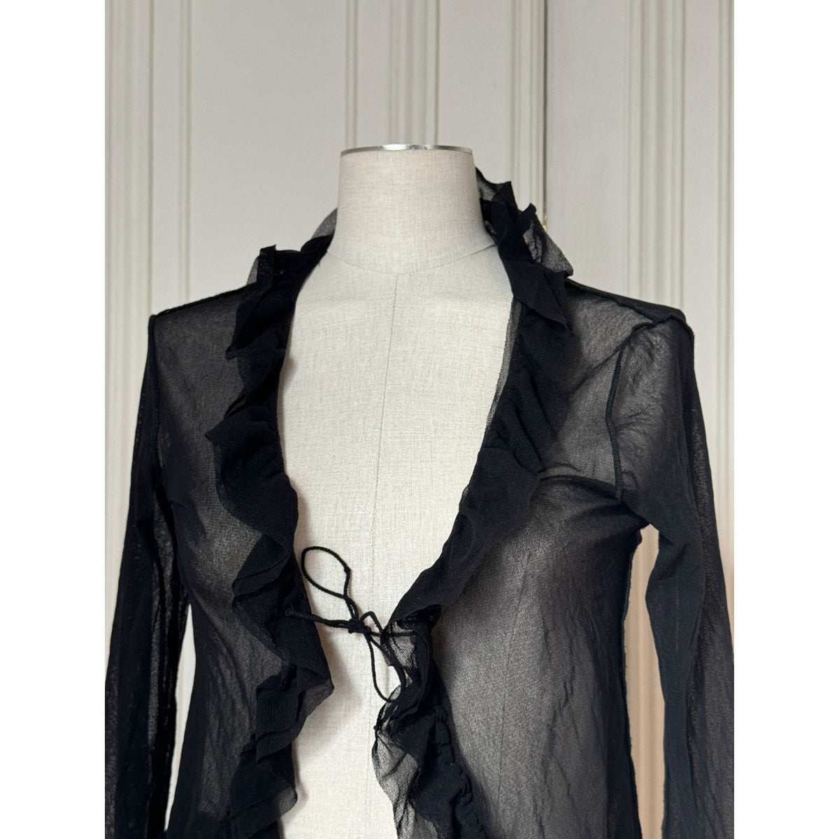Vintage Black Sheer Mesh Ruffle Cardigan