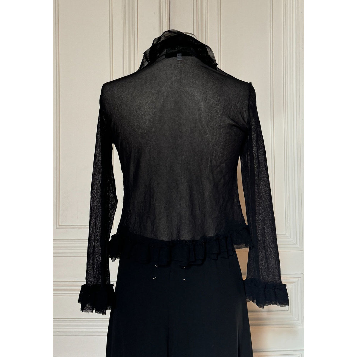 Vintage Black Sheer Mesh Ruffle Cardigan