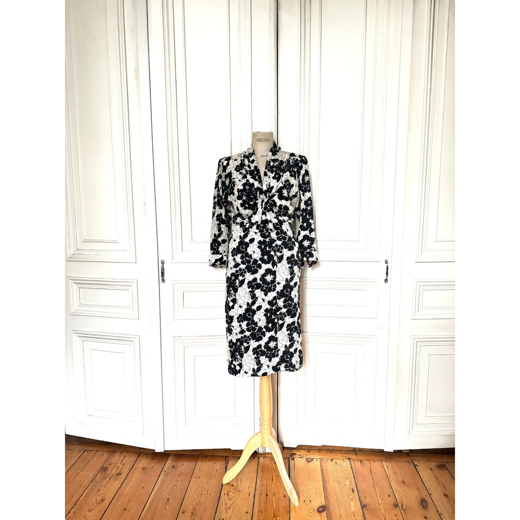 Spring Summer 1986 White Black Silk Floral Dress