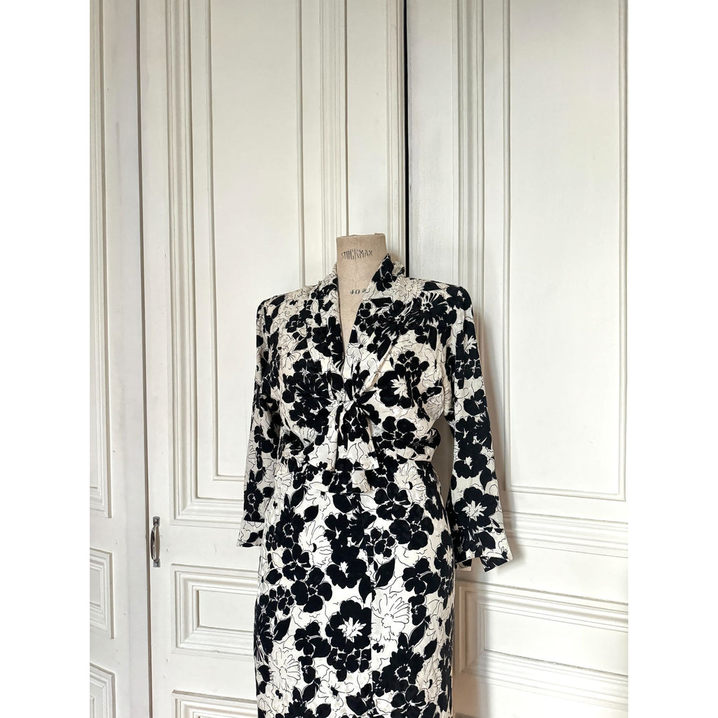 Spring Summer 1986 White Black Silk Floral Dress