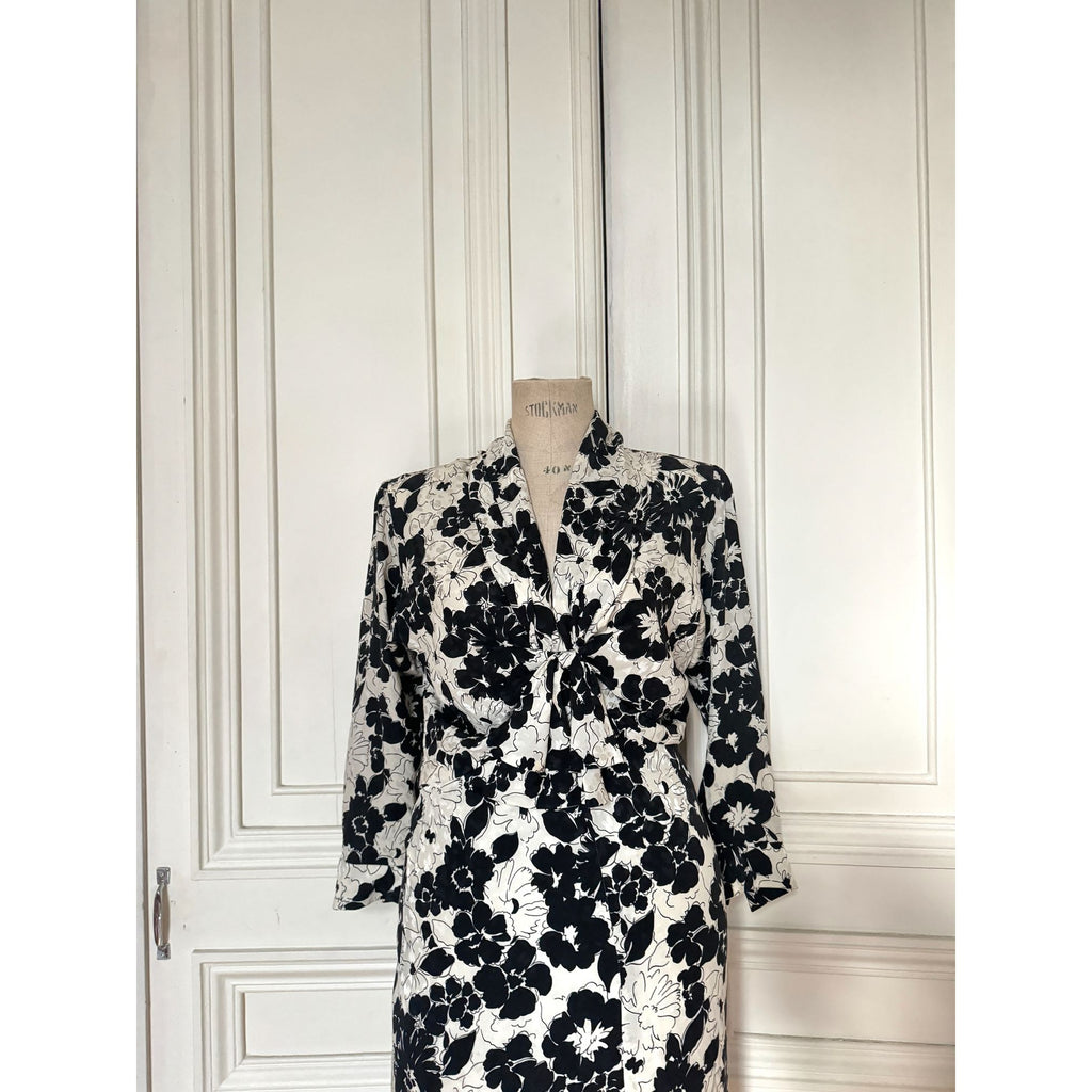 Spring Summer 1986 White Black Silk Floral Dress