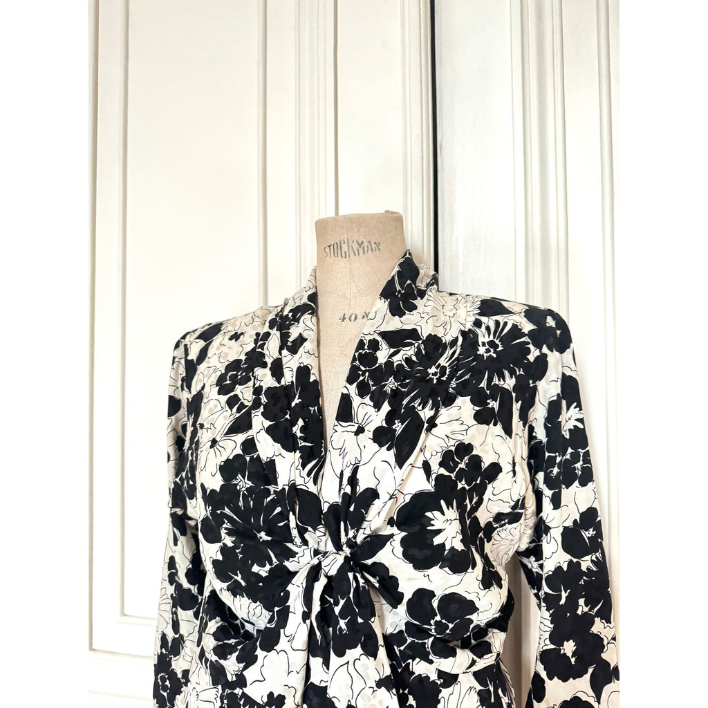 Spring Summer 1986 White Black Silk Floral Dress