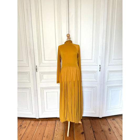 Phoebe Philo Yellow High-Neck Pleated Maxi Dress