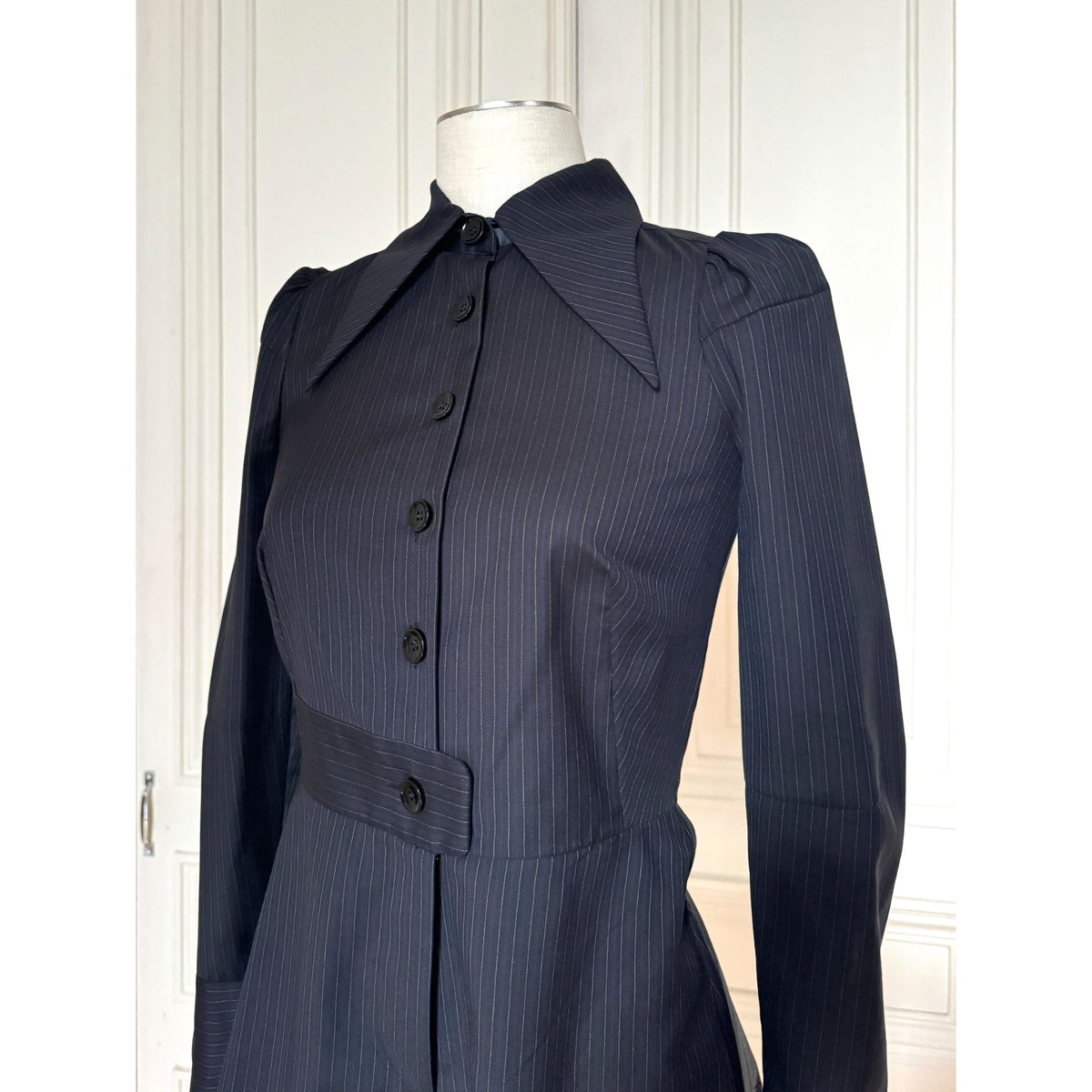 FW 2015 Navy Pinstripe Wool Tailored Jumpsuit