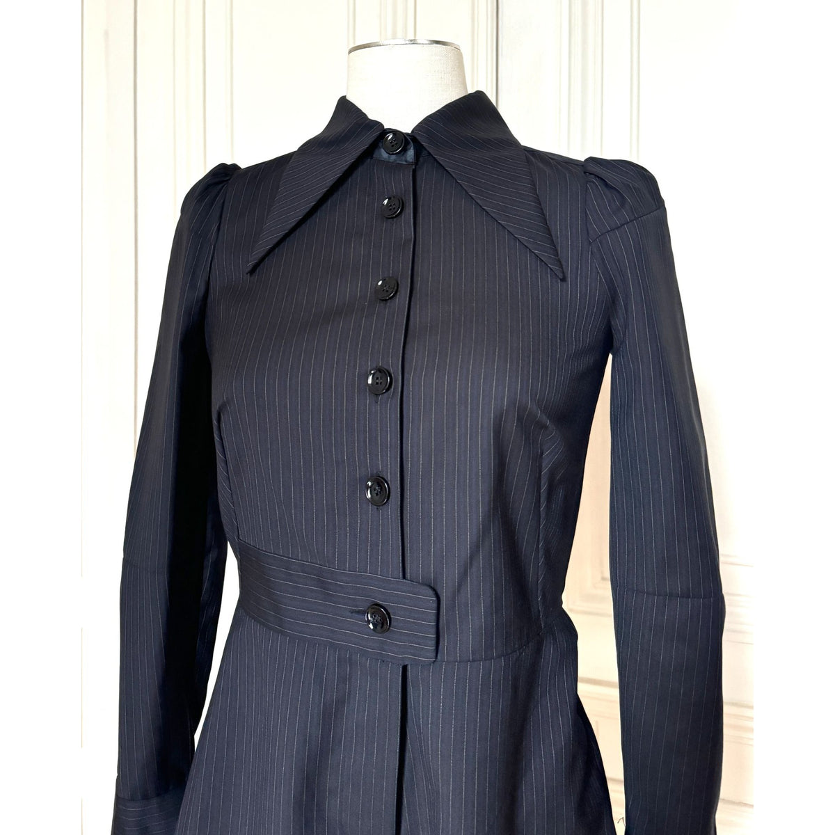 FW 2015 Navy Pinstripe Wool Tailored Jumpsuit