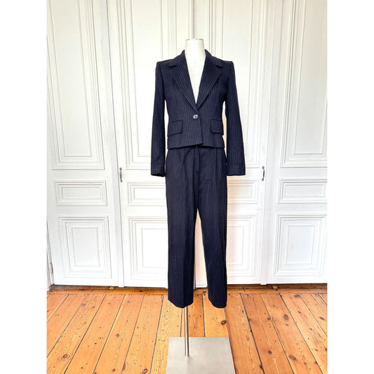 FW 1999 Wool Cashmere Navy Pinstripe Pants Suit 