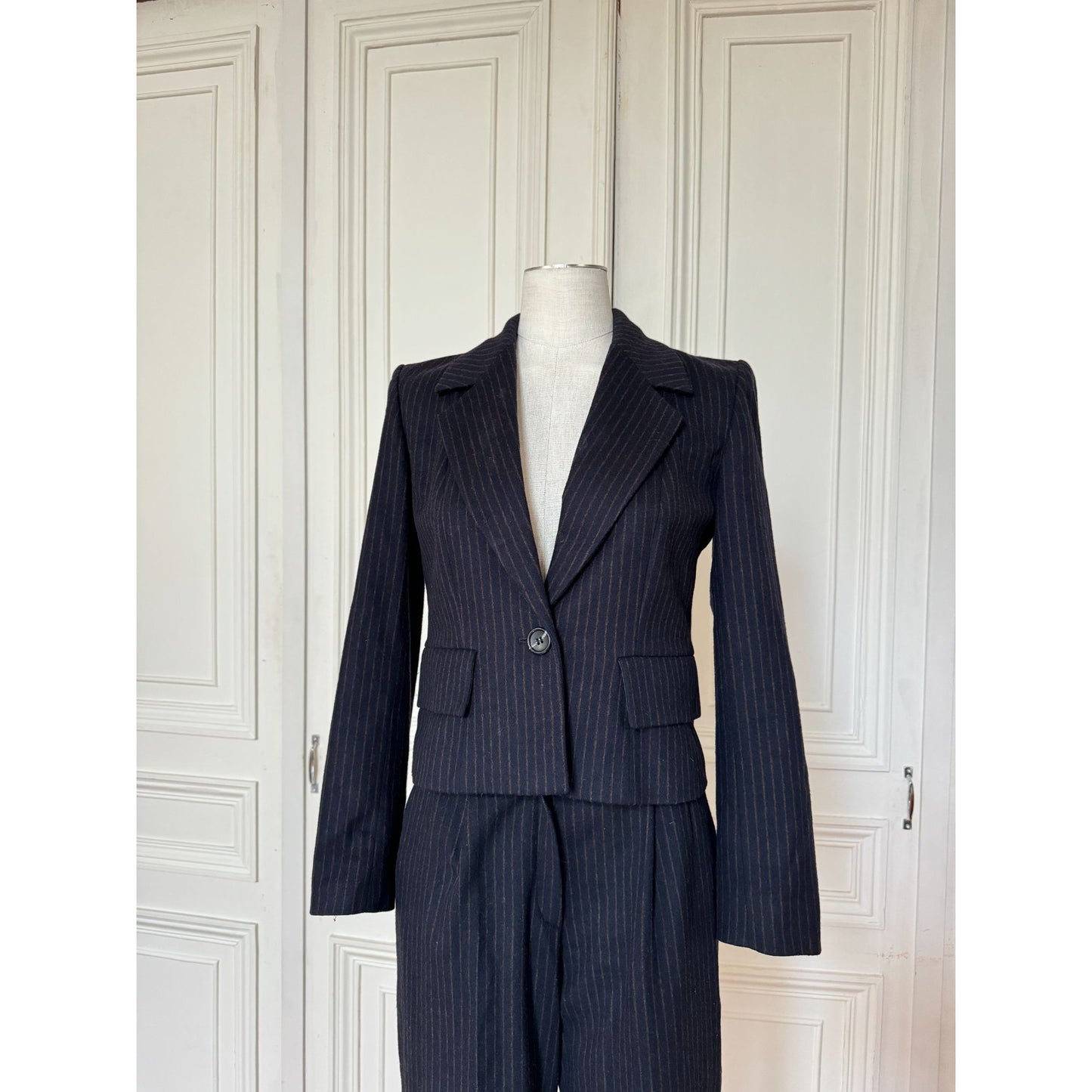 FW 1999 Wool Cashmere Navy Pinstripe Pants Suit 