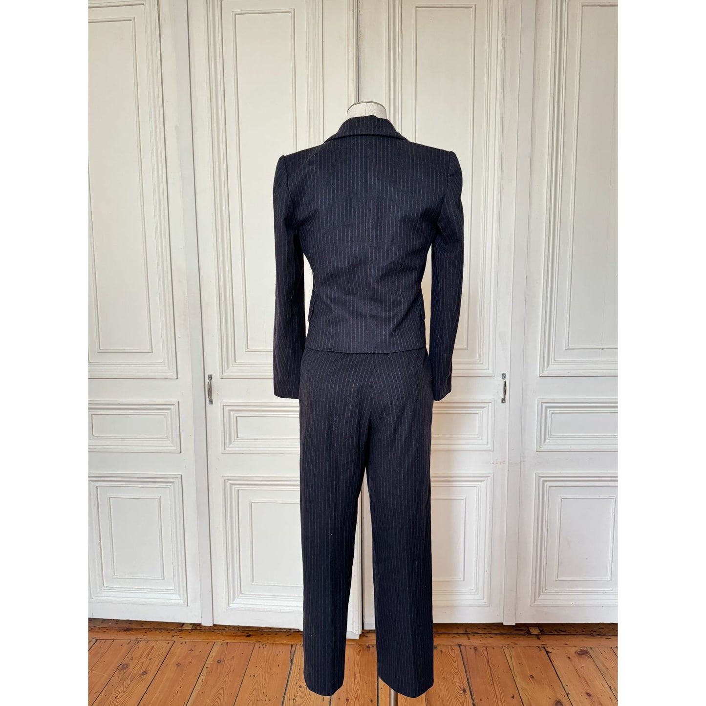 FW 1999 Wool Cashmere Navy Pinstripe Pants Suit 