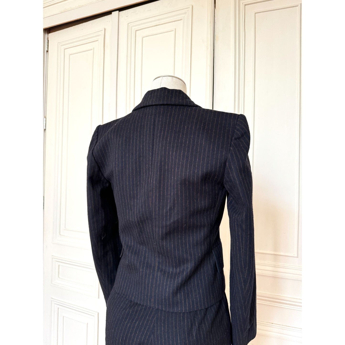 FW 1999 Wool Cashmere Navy Pinstripe Pants Suit 