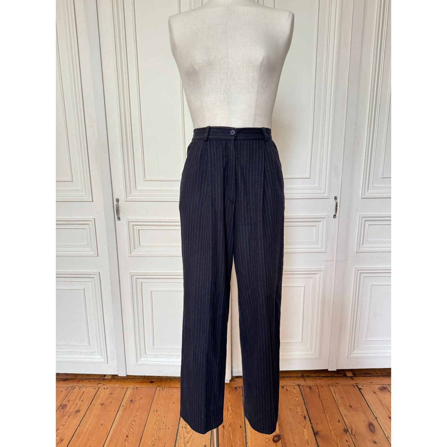 FW 1999 Wool Cashmere Navy Pinstripe Pants Suit 