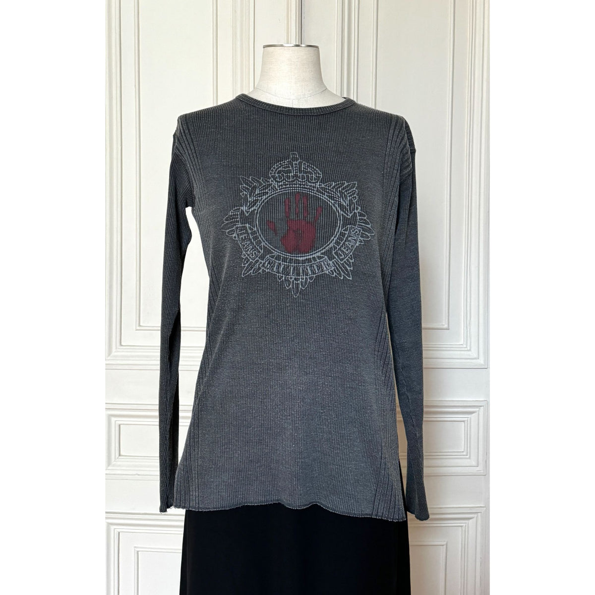Charcoal Grey Ribbed Knit Graphic Long-Sleeve Top