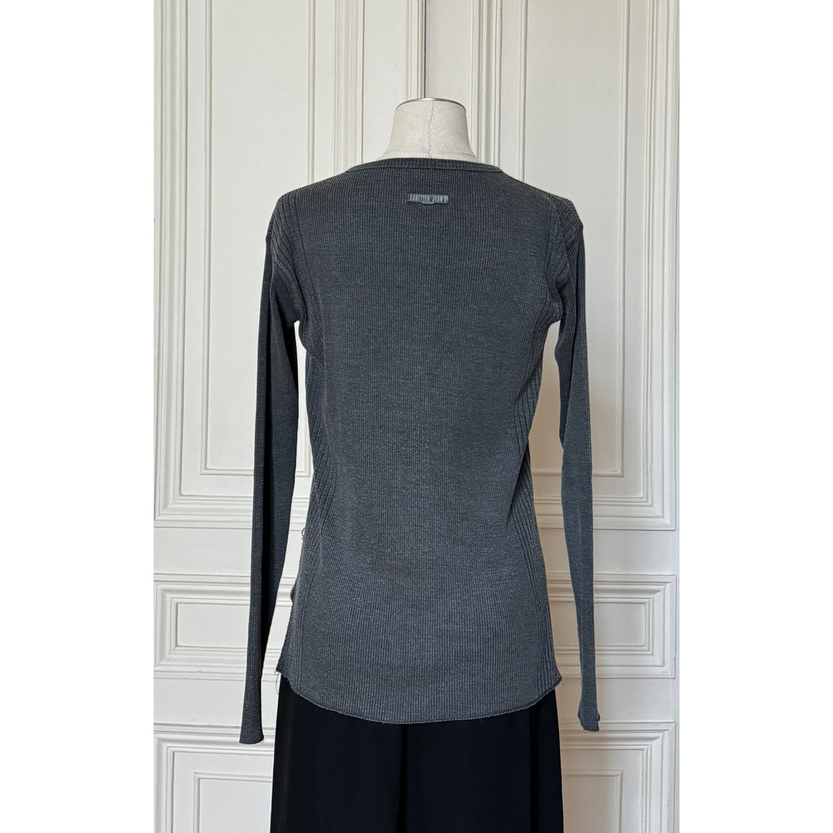 Charcoal Grey Ribbed Knit Graphic Long-Sleeve Top