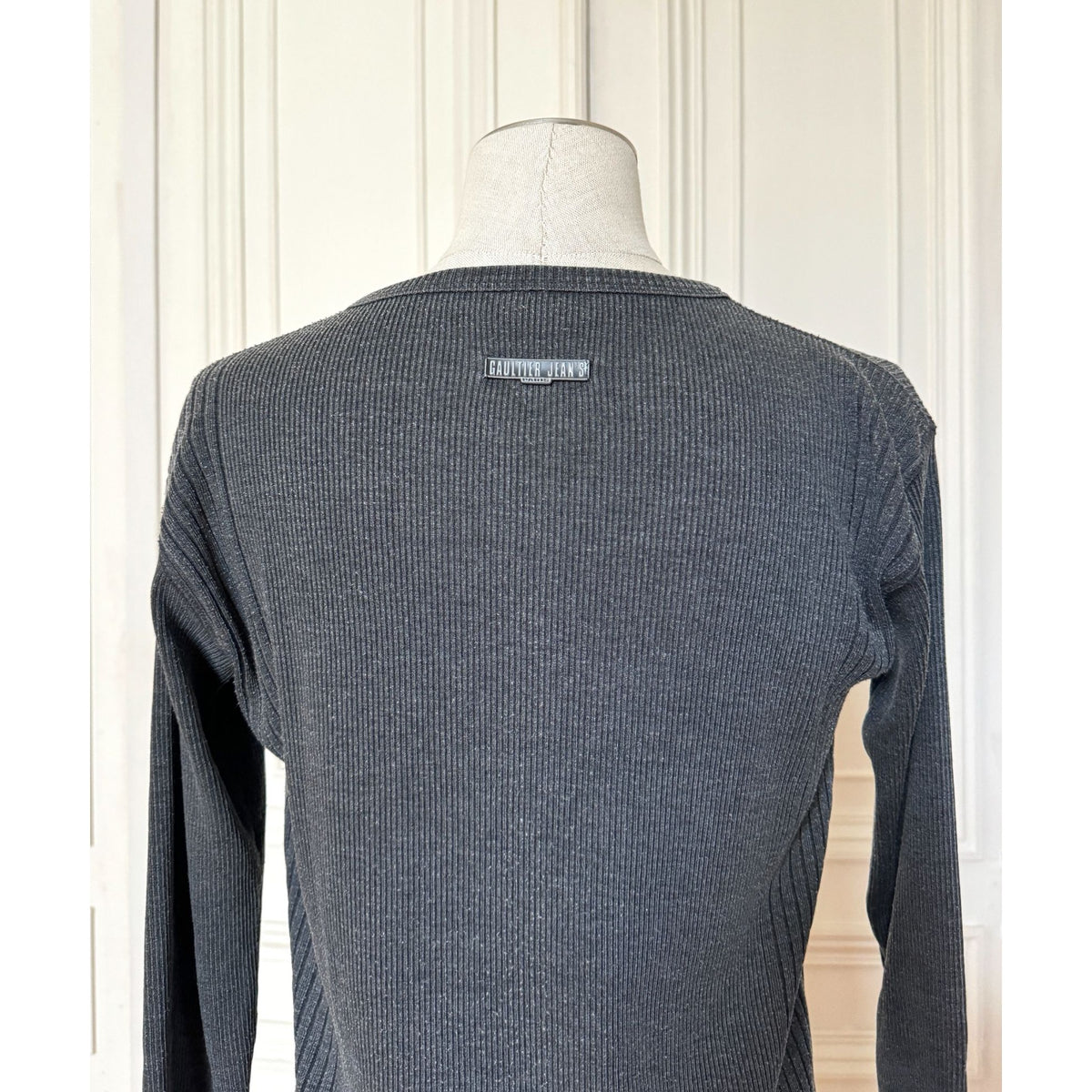 Charcoal Grey Ribbed Knit Graphic Long-Sleeve Top