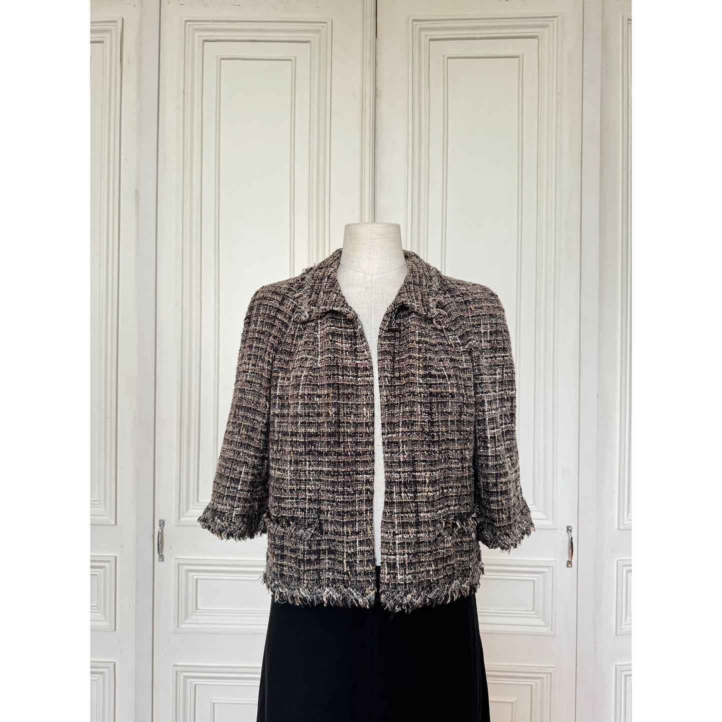 Fall 2005 Grey Tweed Cropped Jacket 3/4 Sleeves Size 40 / M