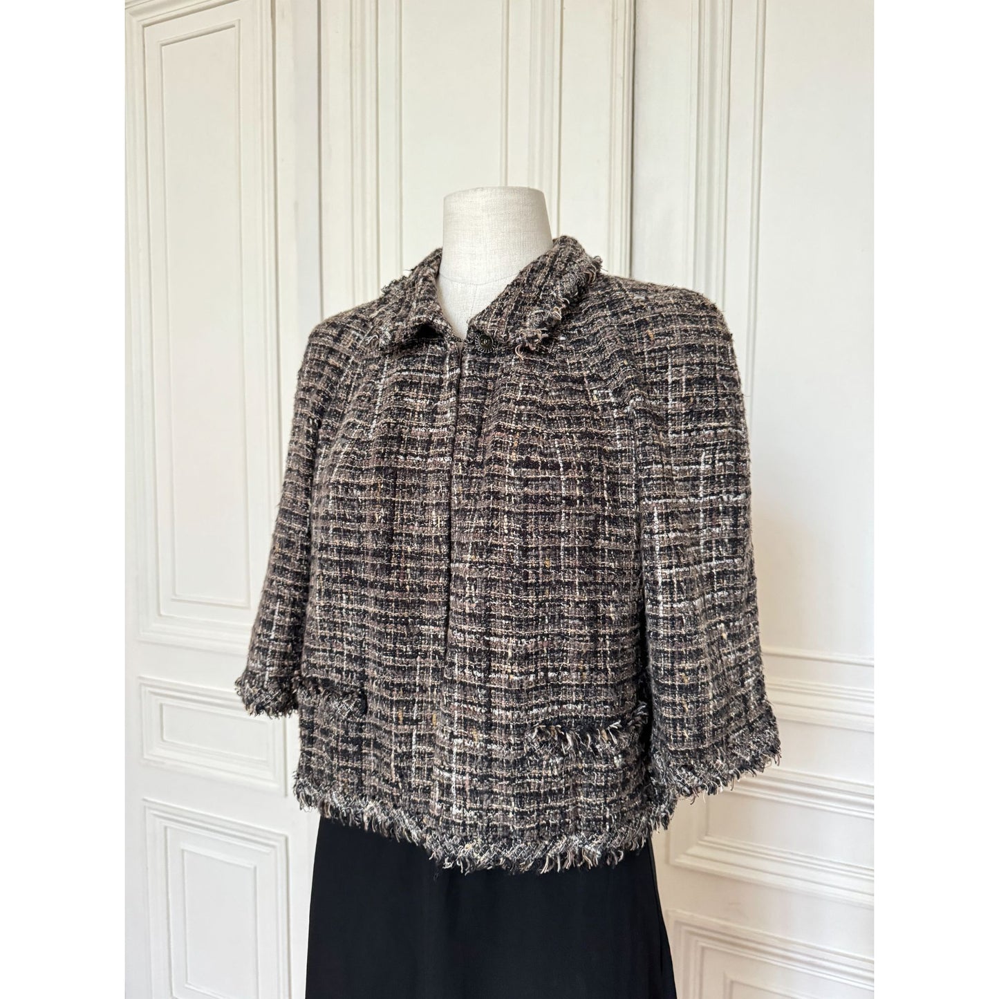 Fall 2005 Grey Tweed Cropped Jacket 3/4 Sleeves Size 40 / M