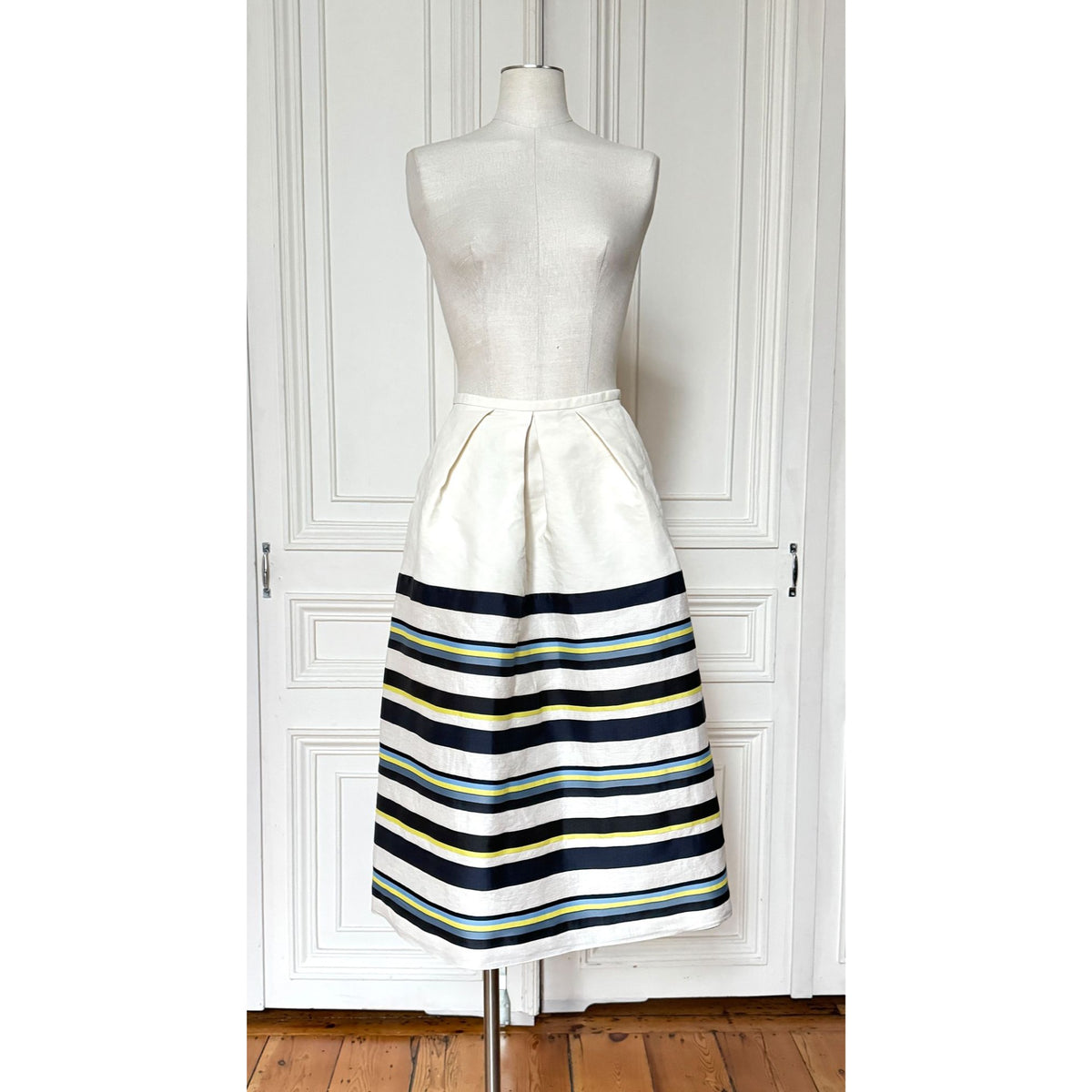 Navy White Blue Yellow Striped Cotton Maxi Skirt