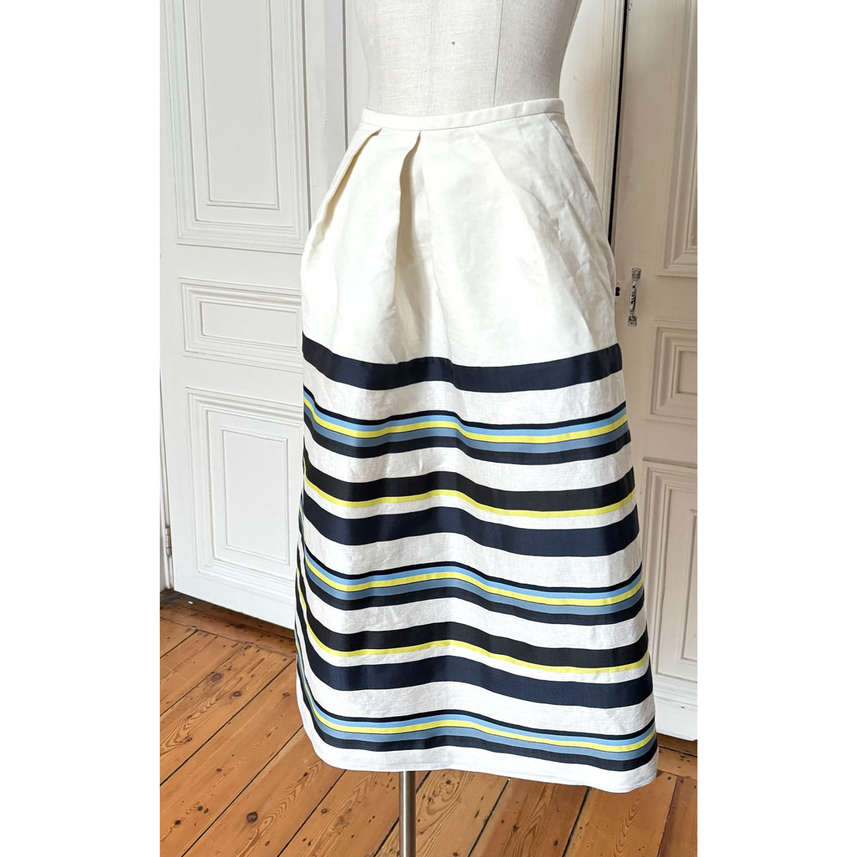 Navy White Blue Yellow Striped Cotton Maxi Skirt