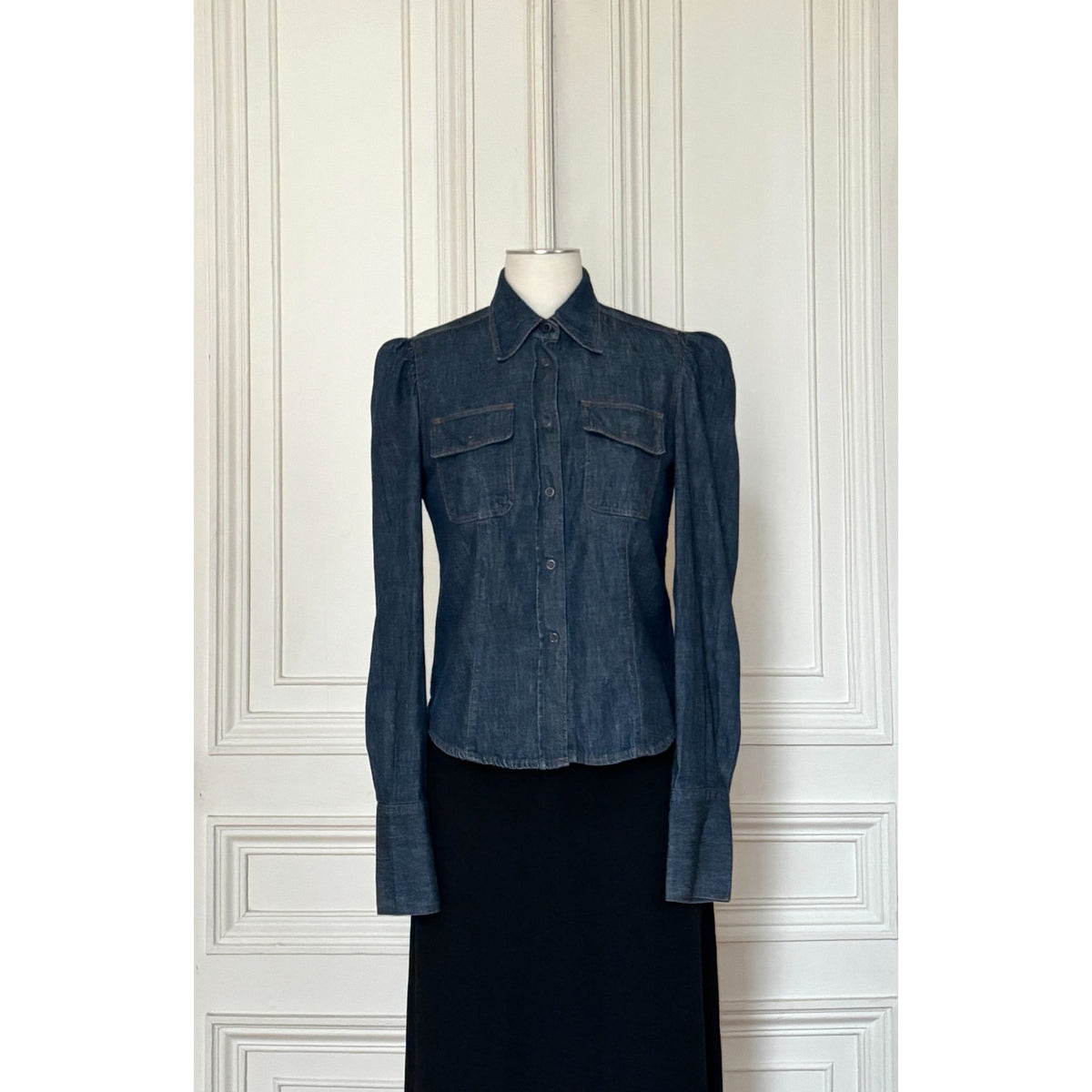 Dark Denim Puff-Shoulder Shirt