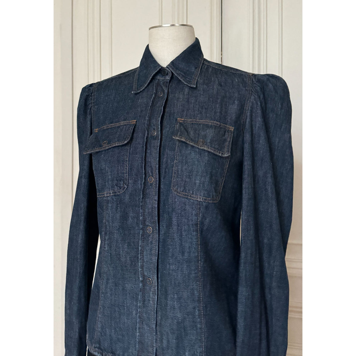 Dark Denim Puff-Shoulder Shirt