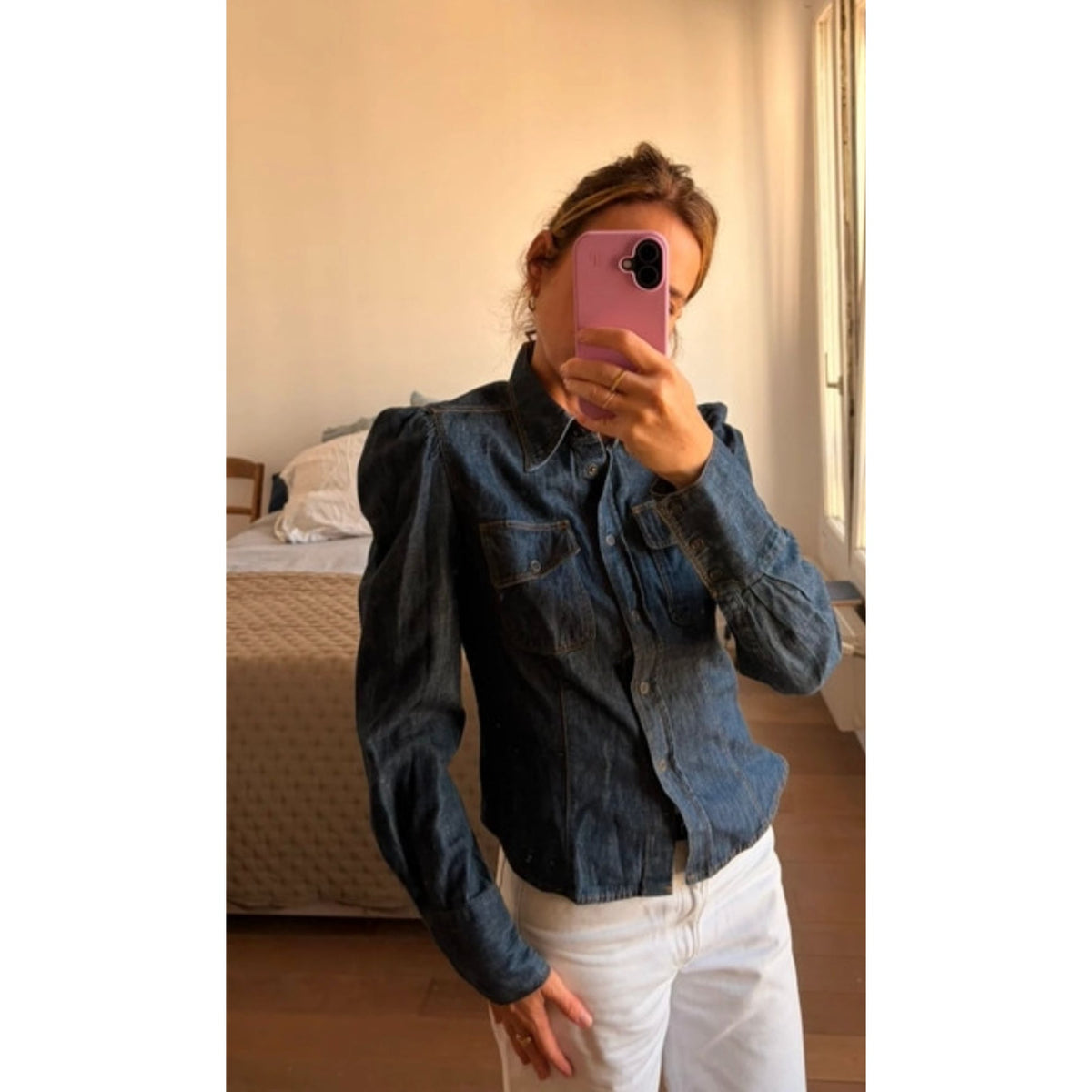 Dark Denim Puff-Shoulder Shirt