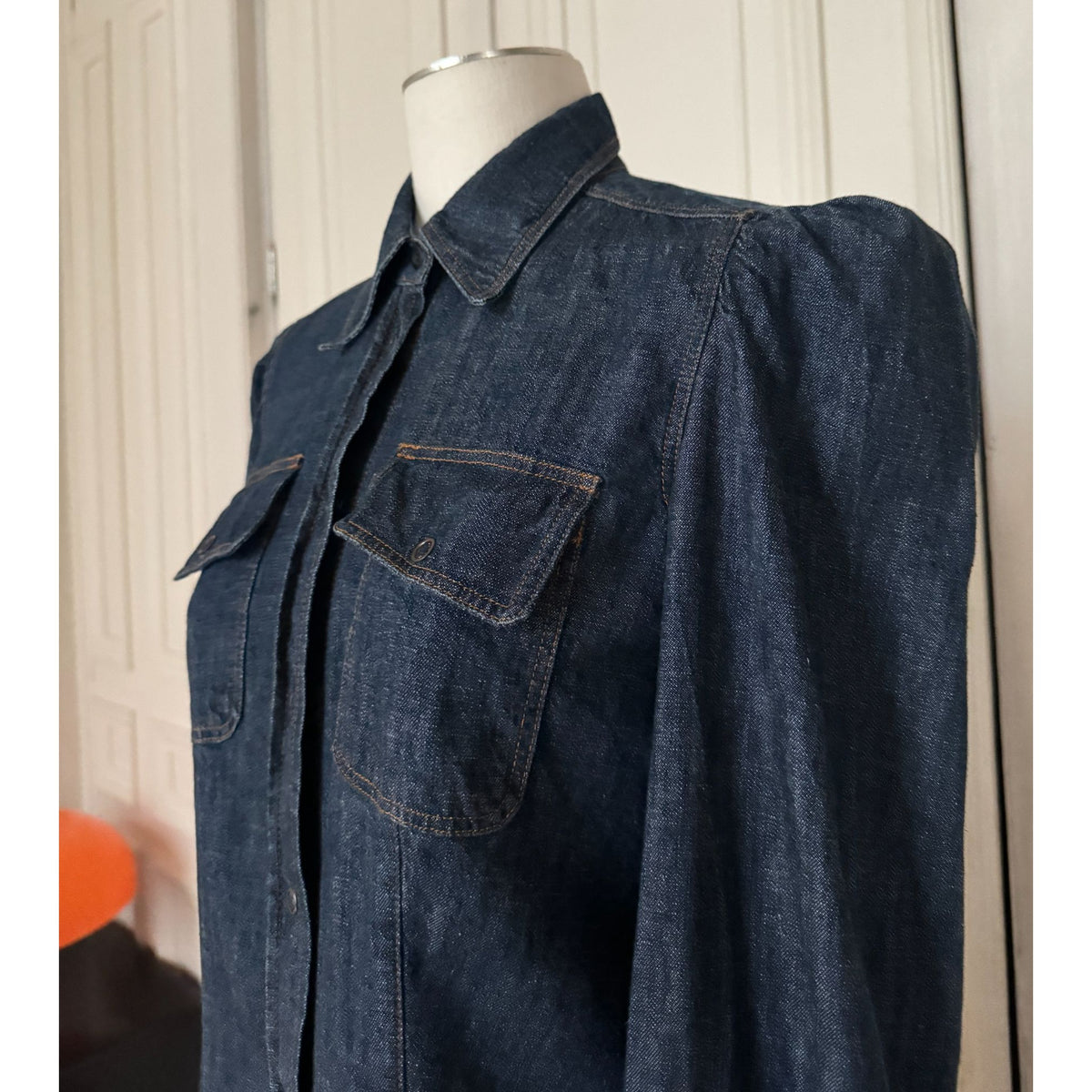 Dark Denim Puff-Shoulder Shirt